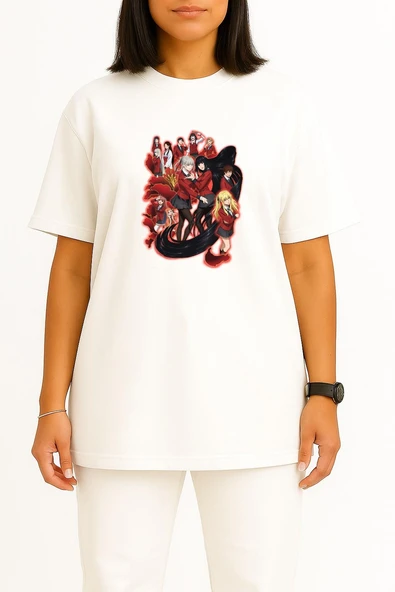 Oversize Kakegurui - Kumar baz Anime Göğüs Tasarımlı Unisex T-Shirt - Resim 2