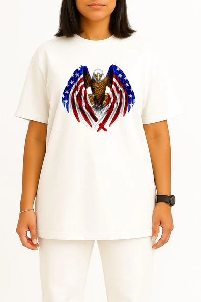 Oversize Bald Eagle Flag Of The United States Göğüs Tasarımlı Unisex T-Shirt - Resim 2