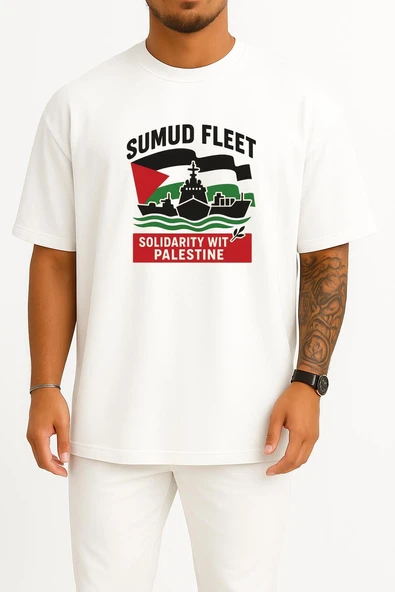 Oversize Sumud Fleet Göğüs ve Sırt Tasarımlı Unisex T-Shirt ürün görseli