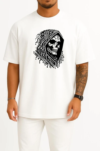 Oversize Hacker Skull Göğüs Tasarımlı Unisex T-Shirt - Resim 7