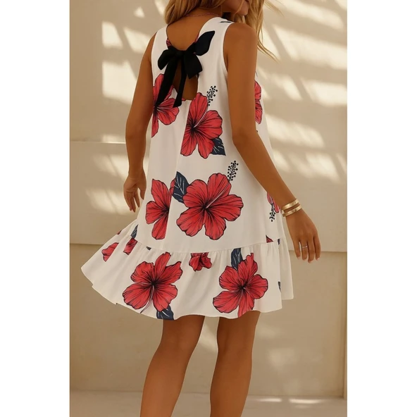 Lucky Life Kadın Sıfır Kol Sırttan Bağlamalı Fırfırlı çiçek Desenli Süprem Elbise - Resim 2