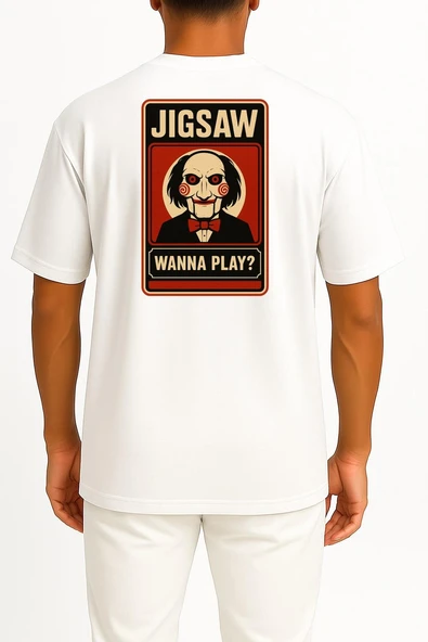 Oversize Jigsaw Wanna Play Cep ve Sırt Tasarımlı Unisex T-Shirt - Resim 2
