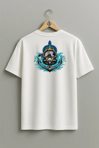 Oversize Çapa Ve Dalış Başlığı Cep ve Sırt Tasarımlı Unisex T-Shirt - Resim 5