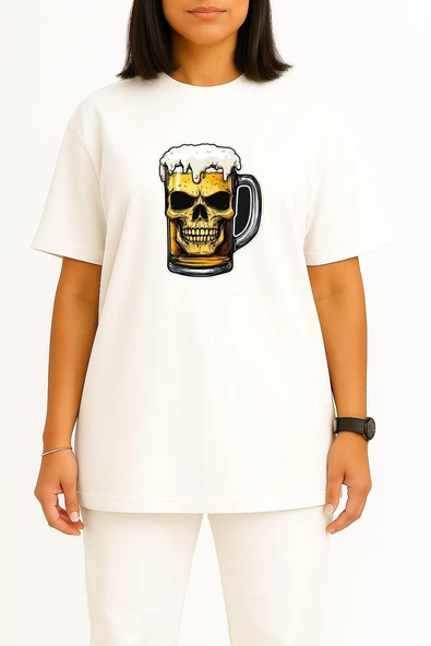 Oversize Foamy Skull Beer Göğüs Baskılı Unisex T-Shirt - Resim 2