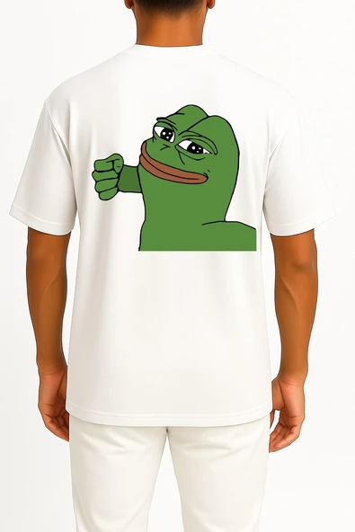 Oversize Pepe The Frog İllustration, Pepe Coin The Frog Cep ve Sırt Tasarımlı Unisex T-Shirt - Resim 11