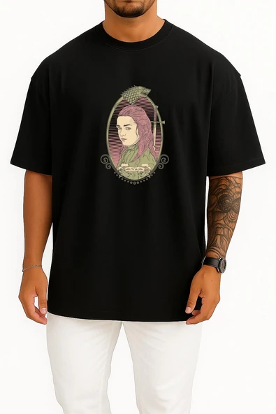 Oversize Arya Stark Game Of Thrones Göğüs Tasarımlı Unisex T-Shirt - Resim 11