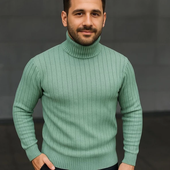 Erkek Balıkcı Yaka Bağazlı Triko Kazak Pamuklu Kalın Fitilli Dokuma, Regular Fit Uzun Kollu Kışlık Model - Mint Yeşili - Resim 2