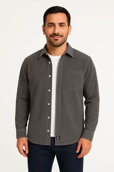 Erkek Fitilli Kadife Cepli Gömlek Oversize Rahat Kalıp - Füme - Resim 2