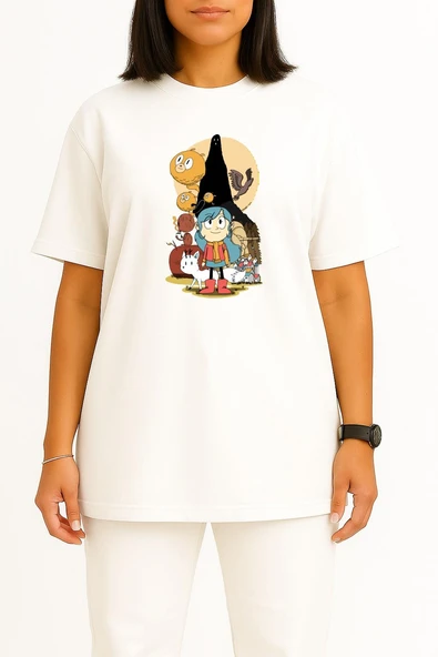 Oversize Hilda Ve Taş Orman, Çizgi Roman Göğüs Tasarımlı Unisex T-Shirt - Resim 2