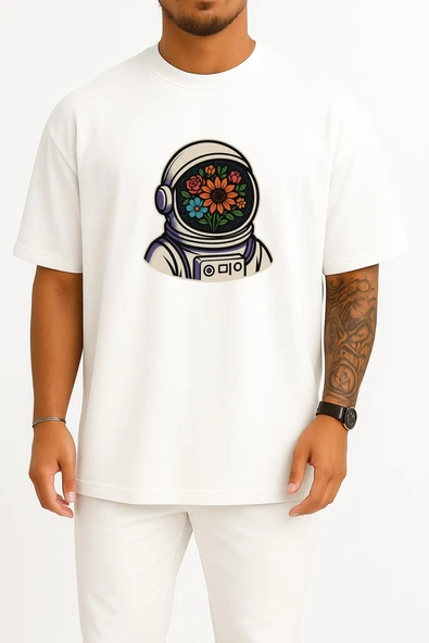 Oversize Stronot Çiçek Kask – Space Bloom Göğüs Tasarımlı Unisex T-Shirt ürün görseli