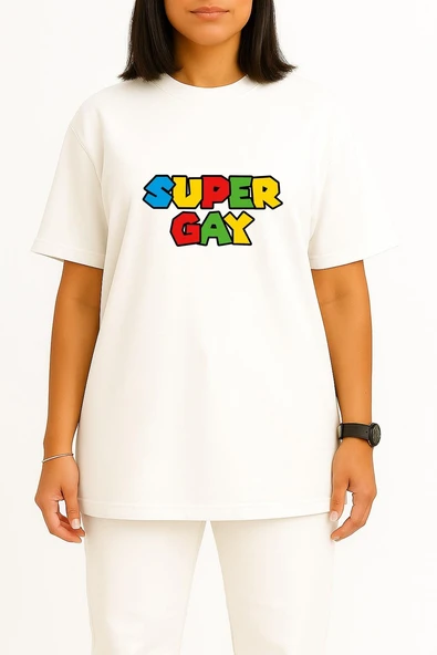 Oversize Super Gay Göğüs Baskılı Unisex T-Shirt - Resim 5