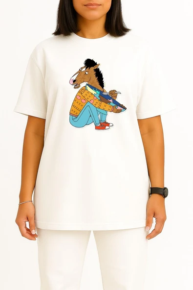 Oversize Mustang Pony, Süvari Göğüs Tasarımlı Unisex T-Shirt - Resim 2