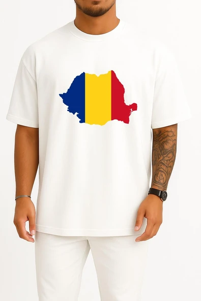 Oversize Socialist Republic Of Romania Flag Of Romania Göğüs Tasarımlı Unisex T-Shirt - Resim 3
