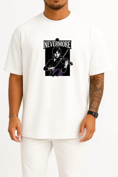 Oversize Wednesday Nevermore Göğüs Tasarımlı Unisex T-Shirt - Resim 3