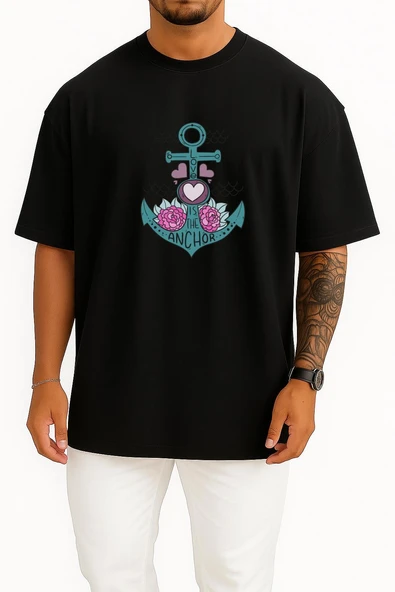 Oversize Love İs The Anchor Göğüs Tasarımlı Unisex T-Shirt - Resim 9