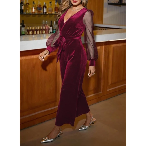 Lucky Life Kadın Uzun Kollu Kruvaze Yakalı Belden Kuşaklı Tül Detaylı Kadife Tulum - Resim 3