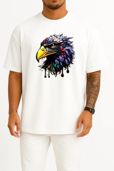 Oversize Illustration Of Eagle Head Göğüs Tasarımlı Unisex T-Shirt - Resim 5