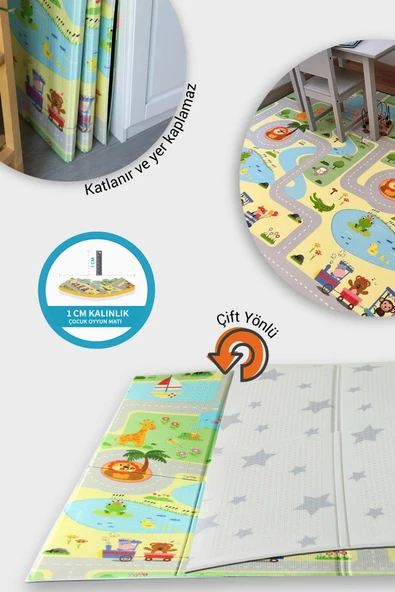 Wellgro Oyun Matı, 200x130x1 cm Çift Taraflı Katlanır Oyun Halısı - Resim 2