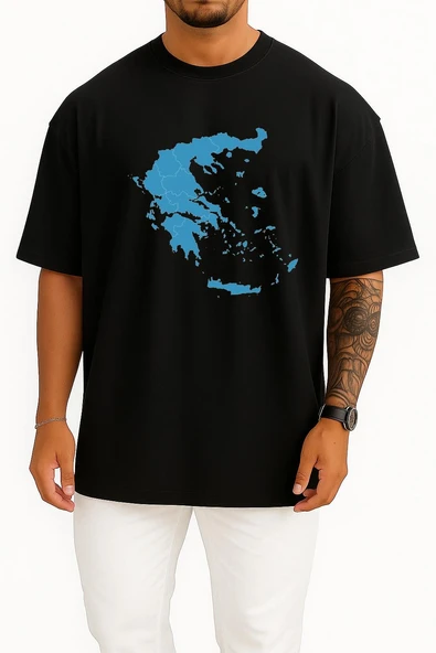 Oversize Yunanistan Haritası Ve Adalar Göğüs Tasarımlı Unisex T-Shirt - Resim 9
