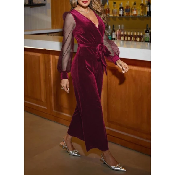 Lucky Life Kadın Uzun Kollu Kruvaze Yakalı Belden Kuşaklı Tül Detaylı Kadife Tulum - Resim 2