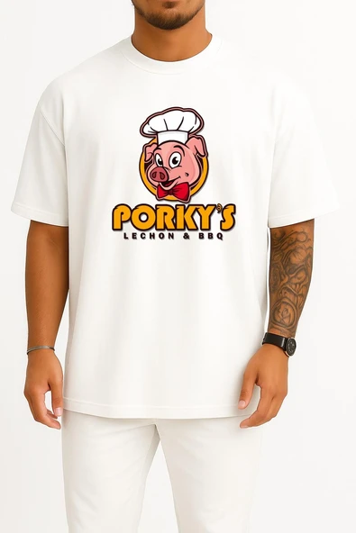 Oversize Porky's Lechon Barbecue Domuz Göğüs Tasarımlı Unisex T-Shirt - Resim 7