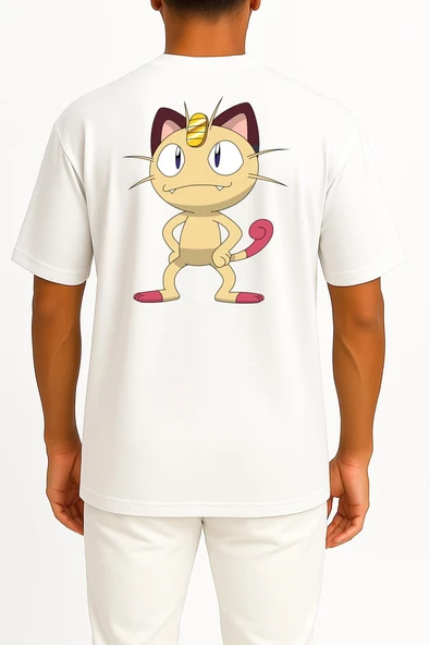 Oversize Meowth Cep ve Sırt Tasarımlı Unisex T-Shirt - Resim 12