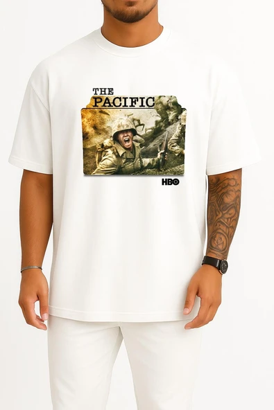 Oversize Band Of Brothers The Pacific Series Folder İcons, The Pacific Göğüs Tasarımlı Unisex T-Shirt - Resim 3