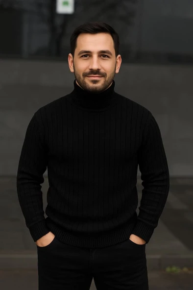 Erkek Balıkcı Yaka Bağazlı Triko Kazak Pamuklu Kalın Fitilli Dokuma, Regular Fit Uzun Kollu Kışlık Model - Siyah - Resim 3