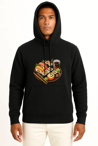 Kapüşonlu Sushi Göğüs Baskılı Unisex Sweatshirt - Resim 9