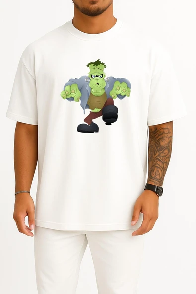 Oversize Monster Frankenstein Halloween Göğüs Tasarımlı Unisex T-Shirt - Resim 3