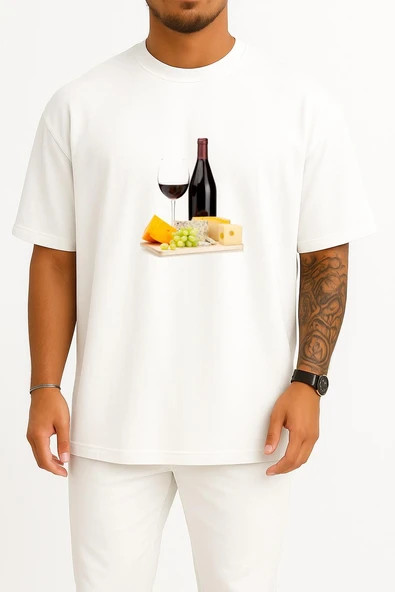 Oversize Peynir Tabağı Ve Wine Göğüs Tasarımlı Unisex T-Shirt ürün görseli