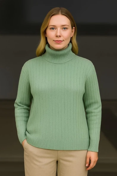 Balıkcı Yaka Bağazlı Triko Kazak Pamuklu Kalın Fitilli Dokuma - Mint Yeşili - Resim 3