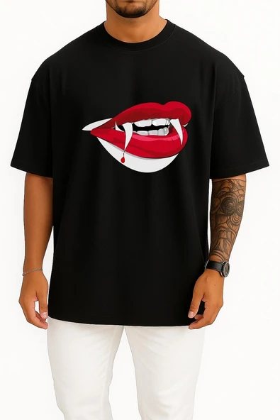 Oversize Dracula Vampire, Teeth Göğüs Tasarımlı Unisex T-Shirt - Resim 11