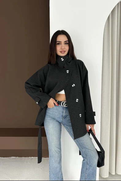 Belden Bağlamalı Düğmeli Kısa Kaşe Kaban - Resim 3