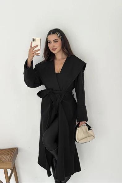 Belden Bağlamalı Uzun Kapşonlu kaşe Kaban ürün görseli 1