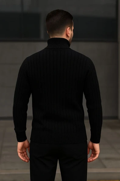 Erkek Fitilli Triko Kazak 2li Set Gri Siyah Regular Balıkcı Yaka Tam Boğazlı Triko Seti Modeli Kazak - Resim 4