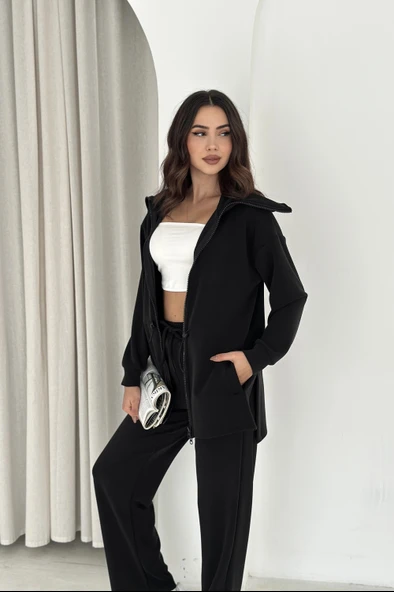 Şal Yaka Çift Fermuarlı Stoperli Modal Takım - Resim 7