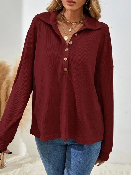 Kadın Uzun Kollu Yakalı Düğmeli Salaş Waffle Bluz - Resim 3