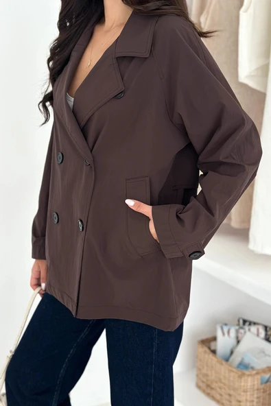 Kısa Trençkot Düğmeli Acı Kahve - Resim 7