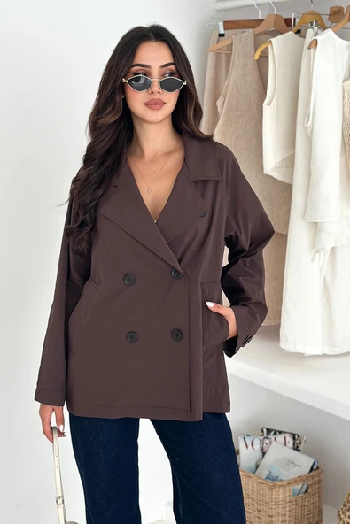 Kısa Trençkot Düğmeli Acı Kahve ürün görseli 1