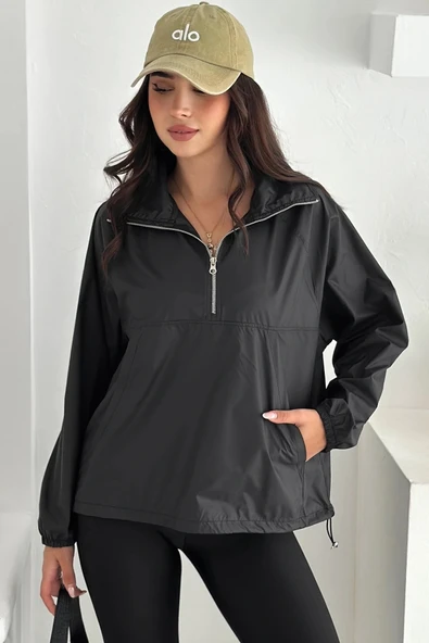 Yarım Fermuarlı Stoperli Siyah Yağmurluk - Resim 3