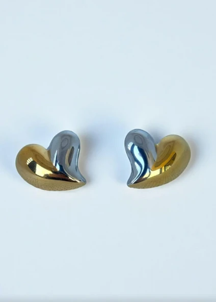 Altın Ve Gümüş Renk Kalp Figürlü Çelik Küpe (Çift) ürün görseli 1