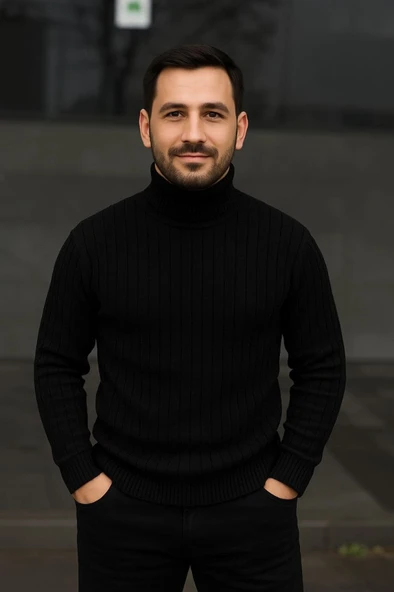 Erkek Fitilli Triko Kazak 2li Set Bej Siyah Regular Balıkcı Yaka Tam Boğazlı Triko Seti Modeli Kazak - Resim 3