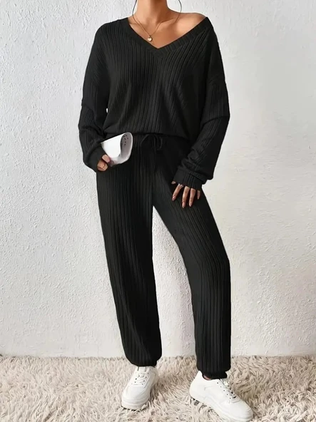 Kadın Uzun Kollu V Yakalı Kaşkorse Bluz Ve Pantolon Ikili Takım - Resim 3