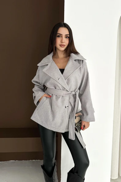 Belden Bağlamalı Düğmeli Kısa Kaşe Kaban - Resim 5