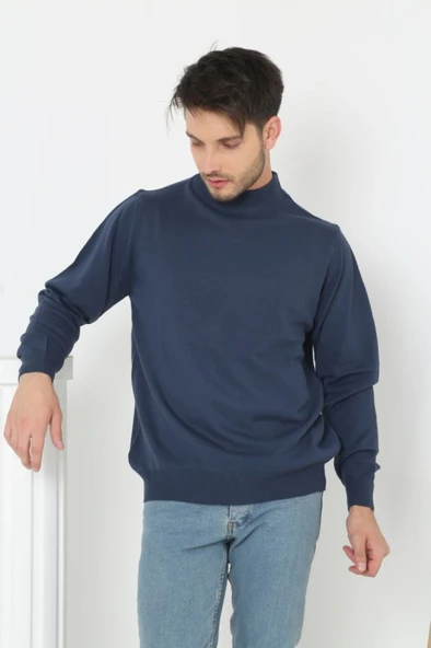 Erkek Yarım Boğaz Triko Kazak Yumuşak Dokulu Pamuklu Ince Dokuma, Uzun Kollu Rahat Regular Kalıp - İndigo ürün görseli 1