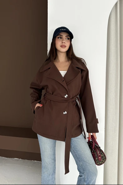 Belden Bağlamalı Düğmeli Kısa Kaşe Kaban - Resim 5