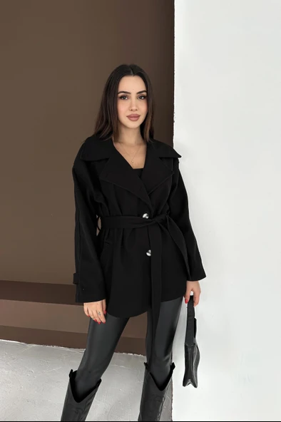 Belden Bağlamalı Düğmeli Kısa Kaşe Kaban - Resim 7