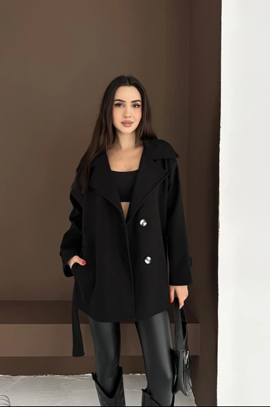 Belden Bağlamalı Düğmeli Kısa Kaşe Kaban - Resim 4