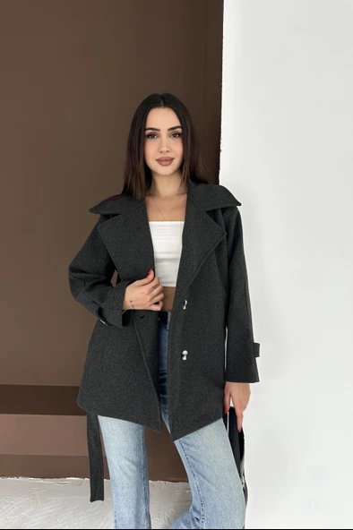 Belden Bağlamalı Düğmeli Kısa Kaşe Kaban - Resim 5